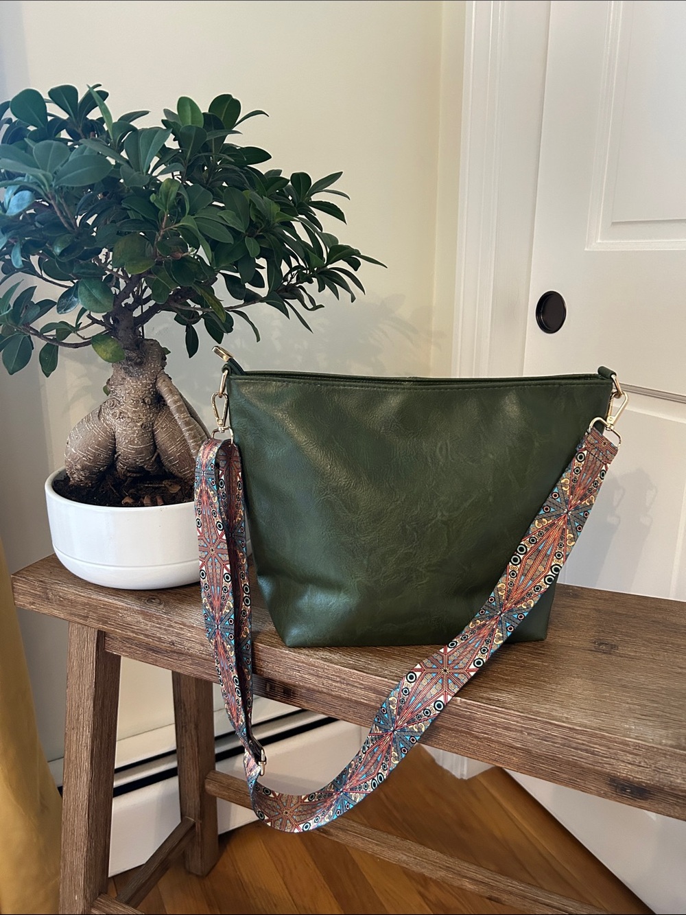 Dark Green Shoulder Bag with Patterned Strap